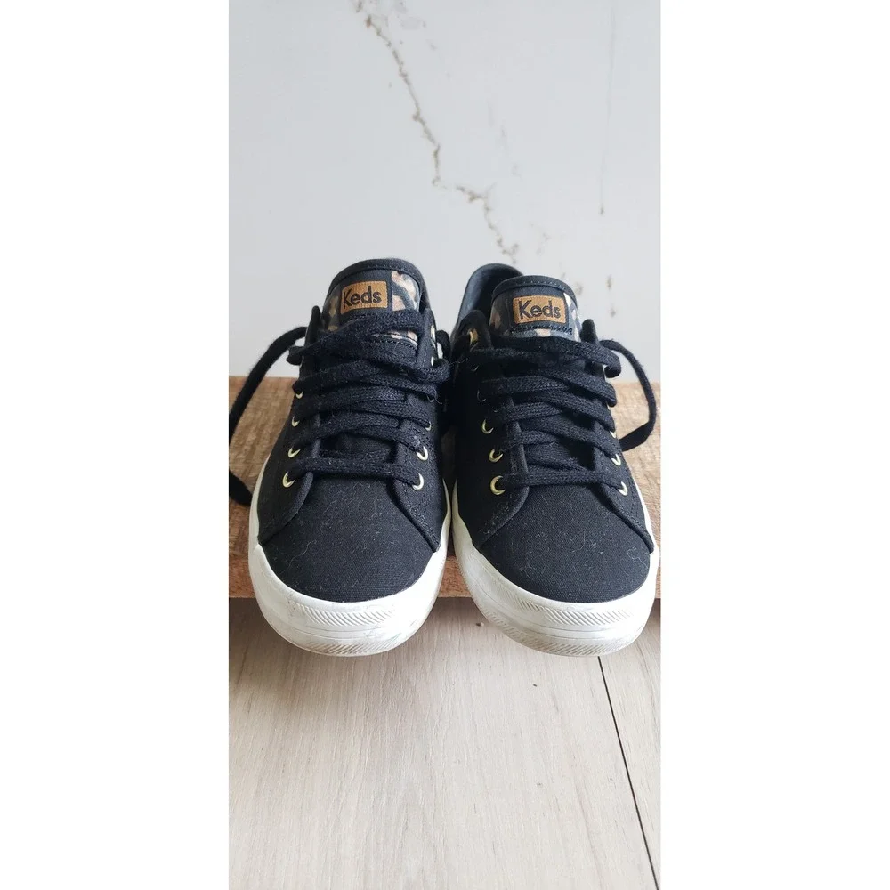 Keds Kickstart Sneakers Womens 7.5 Black Leopard‎ Print Low Top Lace Up Gold